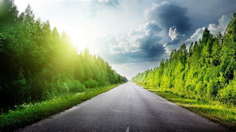 Road Between Green Trees With Sunbeam Under Cloudy Sky Hd Nature
