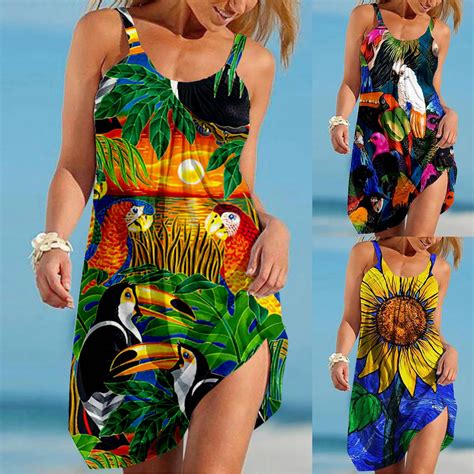 Sunflower Parrot Print Strap Mini Beach Dress Women Boho Summer Sexy Floral Dress Sleeveless