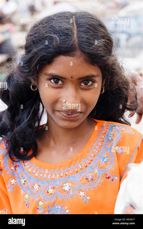 Portrait Of Young Hindu Girl With Bindi And Nose Ring Varanasi Uttar