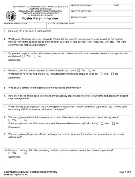 Dcyf Form 10 518 Download Fillable Pdf Or Fill Online Foster Parent