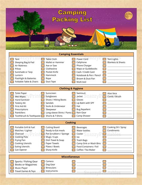 Printable Camping Packing Checklist Camping Trip List Instant Download
