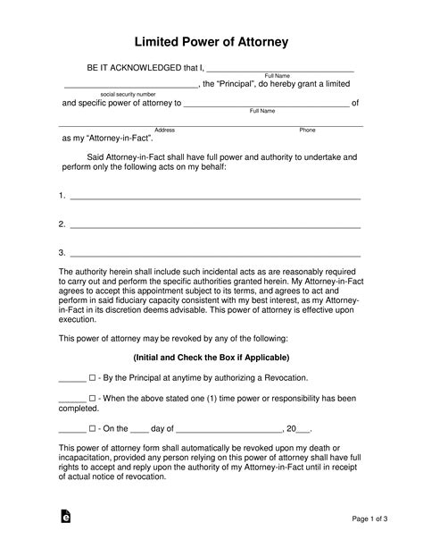 Free Limited Special Power Of Attorney Form Pdf Word Eforms