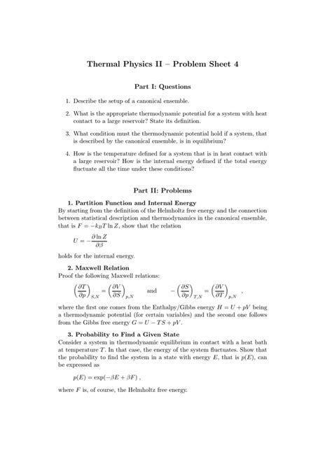 Thermal Physics Ii Problem Sheet 4 Part I Questions