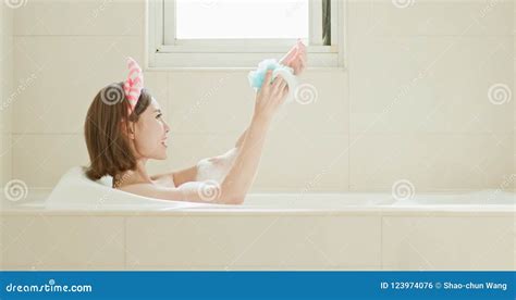Woman Wash Body In Bathtub Stock Photo Image Of Bathtub