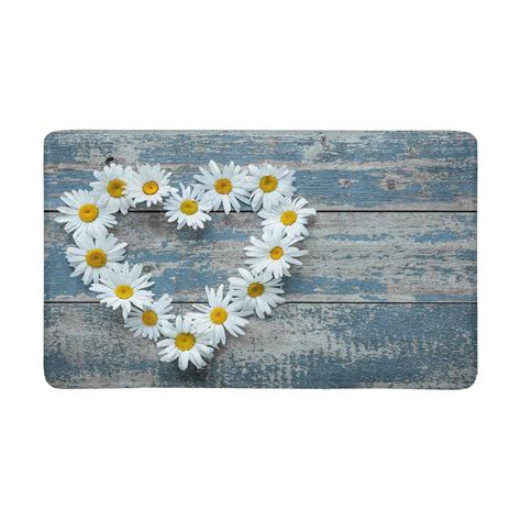 Sunenat Daisy Flowers In Heart Shape On Blue Painted Wood Doormat Non