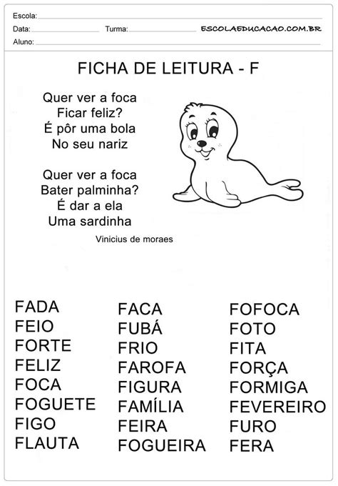 Ficha De Leitura Letra F Foca Leitura Para Alfabetização Textos