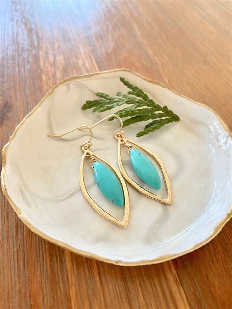 Gold Turquoise Earrings Teardrop Blue Stone Drops Modern Boho Jewelry