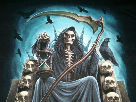 Grim Reaper On Throne Schädel Sense Halloween Tod Schwarz T Shirt