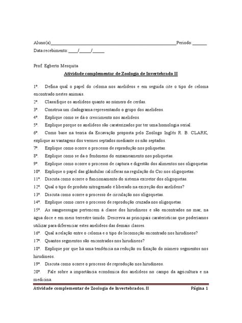 ATIVIDADE COMPLEMENTAR - Zoologia de Invertebrados | PDF