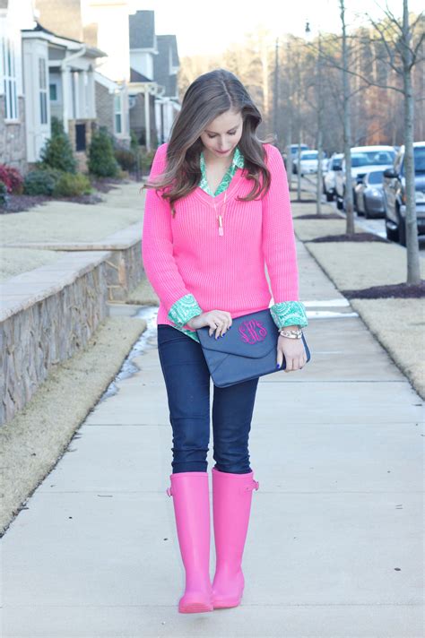 Sara Kate Styling Pop Of Pink On A Rainy Day Rain Boots Fashion