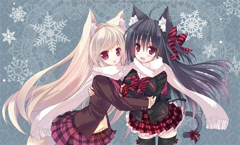 Download 2560x1440 Anime Girls Neko Cat Ears Scarf School Uniform