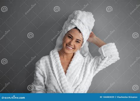 Attractive Girl Wearing White Towel On Head And White Bath Robe Smiling Stock Image Image Of