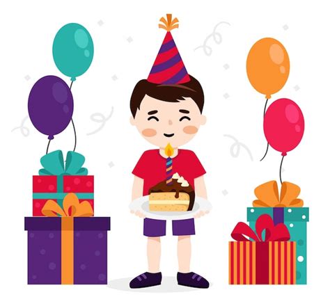 Niño Celebrando Su Cumpleaños Con Pastel Y Regalos Vector Premium