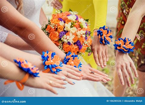 Bridesmaids Holding Bouquets At The Center Stock Photo Image Of Event