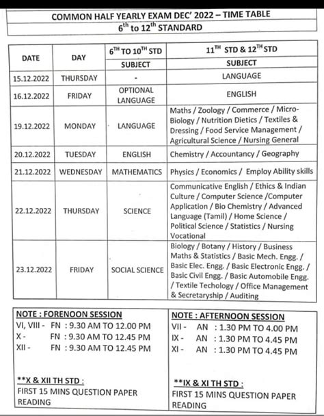 Common Half Yearly Exam Dec 2022 Time Table Padasalainet No1