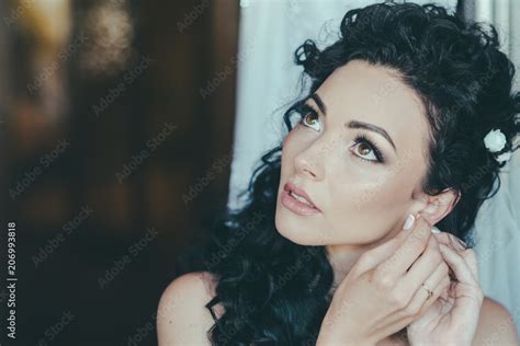 Fashion Model With Jewelry Sensual Woman Fix Earrings Brunette Woman With Stylish Hair Beauty