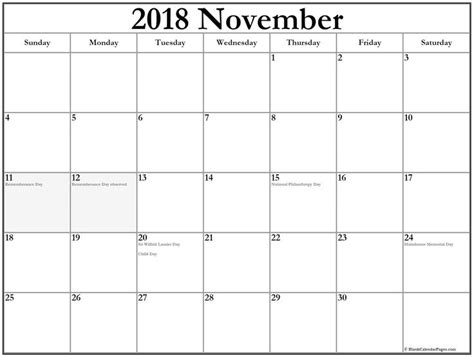 November 2018 Calendar With Holidays Canada Printable Calendars