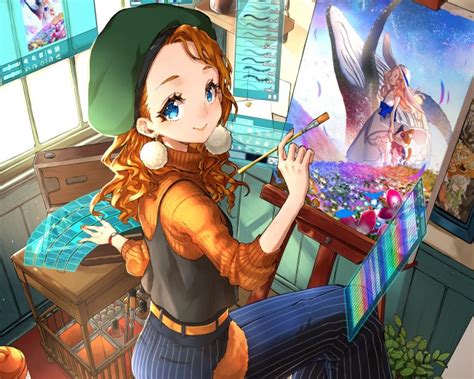 Download 1536x2048 Anime Girl Artist Painting Smiling Room Orange