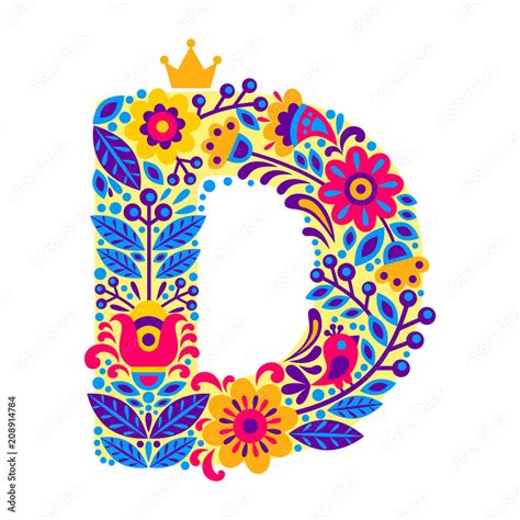 Decorative Letter D From Flowers Isolated On White Background Colorful