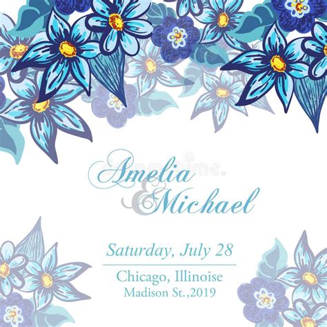 Wedding Invitation Card With Blue Flowers Stock Vector Illustration