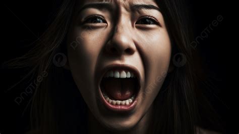 검은 외진 배경에서 비명을 지르는 화난 아시아 여성의 사진을 닫습니다 입을 벌리고 있는 여자 고화질 사진 사진 머리카락