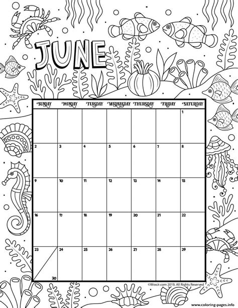 June Calendar Month Coloring page Printable