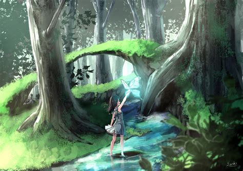 barefoot black eyes black hair dress fairies forest long hair trees water wings hd