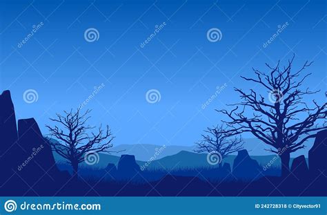 Fantastic Mountain View With Dry Pine Tree Silhouette At Night From The