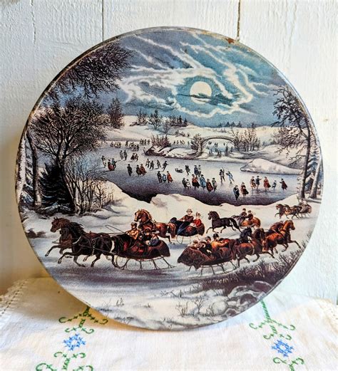 Vintage Cookie Tin Currier And Ives Central Park In Winter Etsy