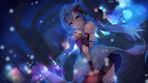 Wallpaper Anime Girl Shy Expression Bokeh Blue Hair Twintails