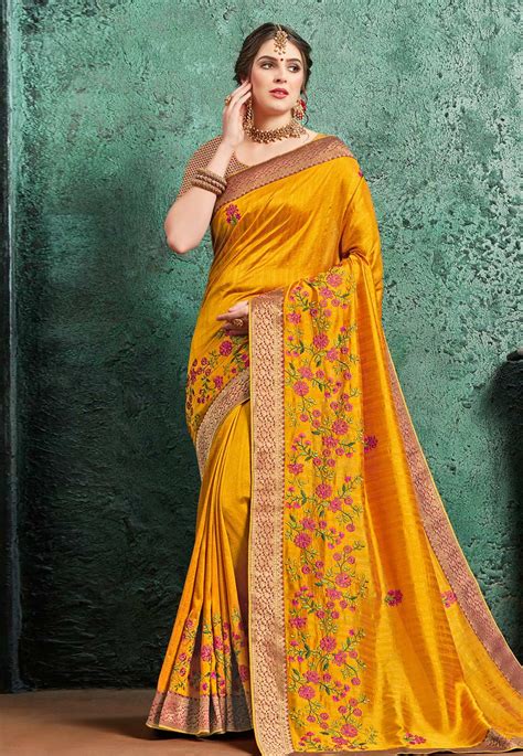 Yellow Silk Saree With Blouse 188861 With Images Saree Silk Sarees Silk