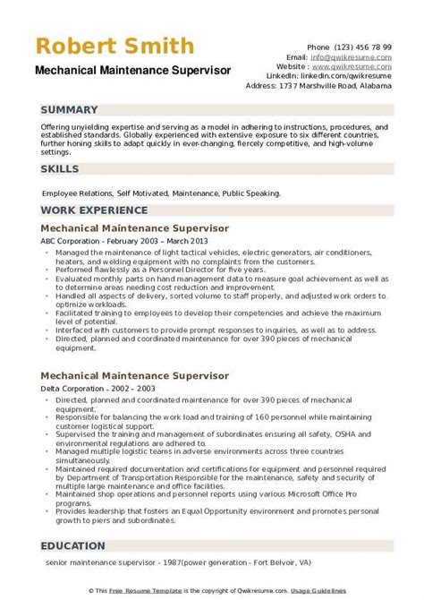 Breaking down the maintenance supervisor resume. Mechanical Maintenance Supervisor Resume Samples | QwikResume