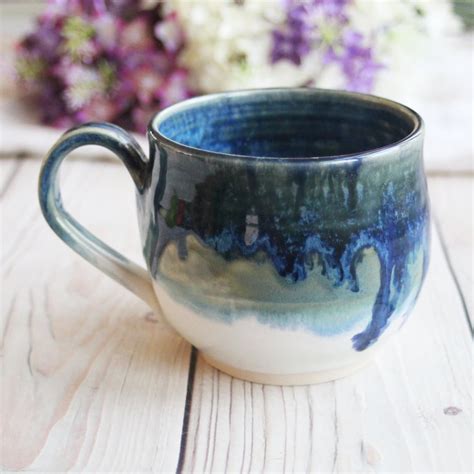 Andover Pottery — Handmade Blue And White Pottery Mug With Dripping Glazes 14 Oz Coffee Cup