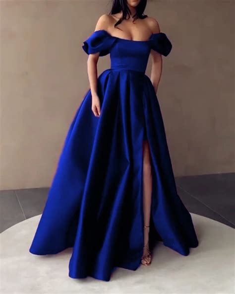 Sexy Long Off The Shoulder Satin Prom Dresses With Slit · Mychicdress
