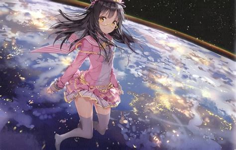 Wallpaper Girl Space Stars Smile Earth Planet Anime