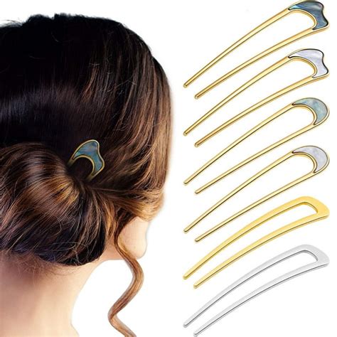 6 Pieces Simple Metal U Shaped Hair Pin French Style Hairpins Fork Sticks 2 Prong Updo Chignon