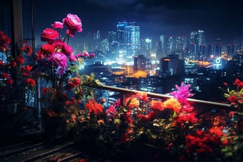 Cyberpunk Garden With A Cityscape View