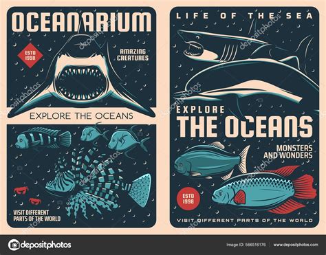 Sea Animals Retro Posters Oceanarium Fishes Ocean Undersea World Vector