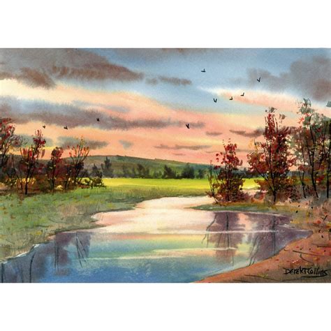 Watercolor Painting Landscape Painting Creek Print Sunset Tree Etsy