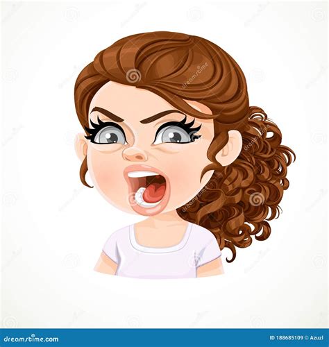 beautiful angry aggressive smiling cartoon brunette girl with dark chocolate hair portrait stock