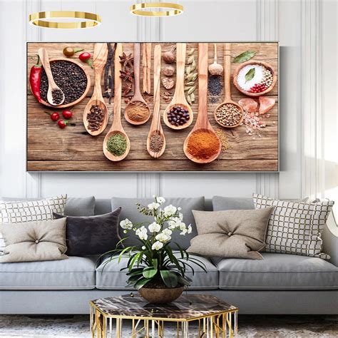 Colorful Spice And Spoon In Table Canvas Paintings Kitchen Themed Wall