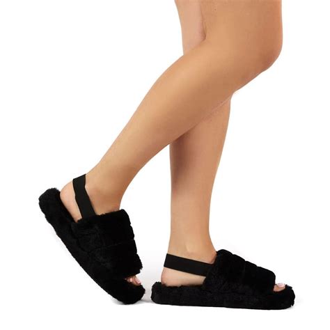 Womens Flat Sandals Flatforms Faux Fur Holiday Slides Comfy Fluffy