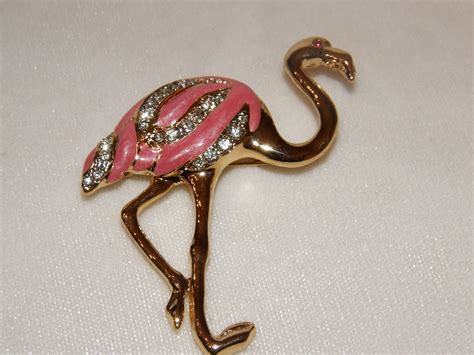 Pink Flamingo Pin Brooch Austrian Crystal Pretty Enameling On Gold Tone