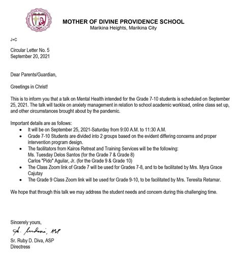 Circular Letters Mother Of Divine Providence School Mdps