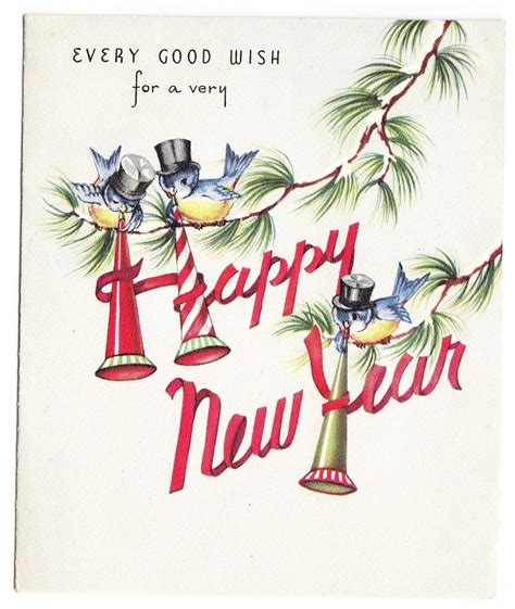Vintage Bluebirds With Horns And Top Hats Happy New Year Greeting Card
