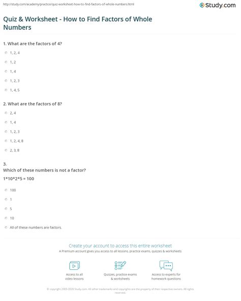 Factors Of Whole Numbers Worksheets