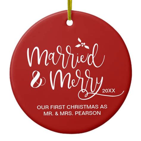 A Red Ornament With The Words Married And Merry On It