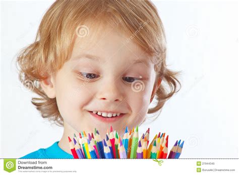 Little Cute Blond Boy Looks Color Pencils Stock Photos Free And Royalty