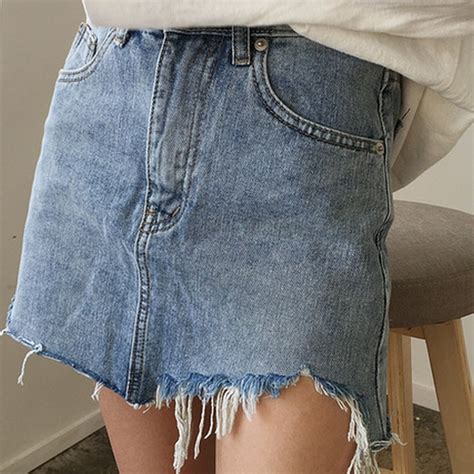 Exotao Summer Jeans Skirt Women High Waist Jupe Irregular Edges Denim Skirts Female Mini Saia