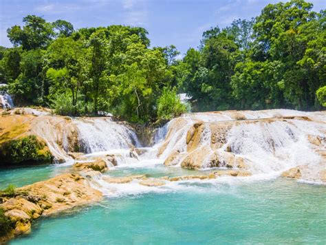Agua Azul Waterfalls In The Lush Rainforest Of Chiapas Mexico Stock